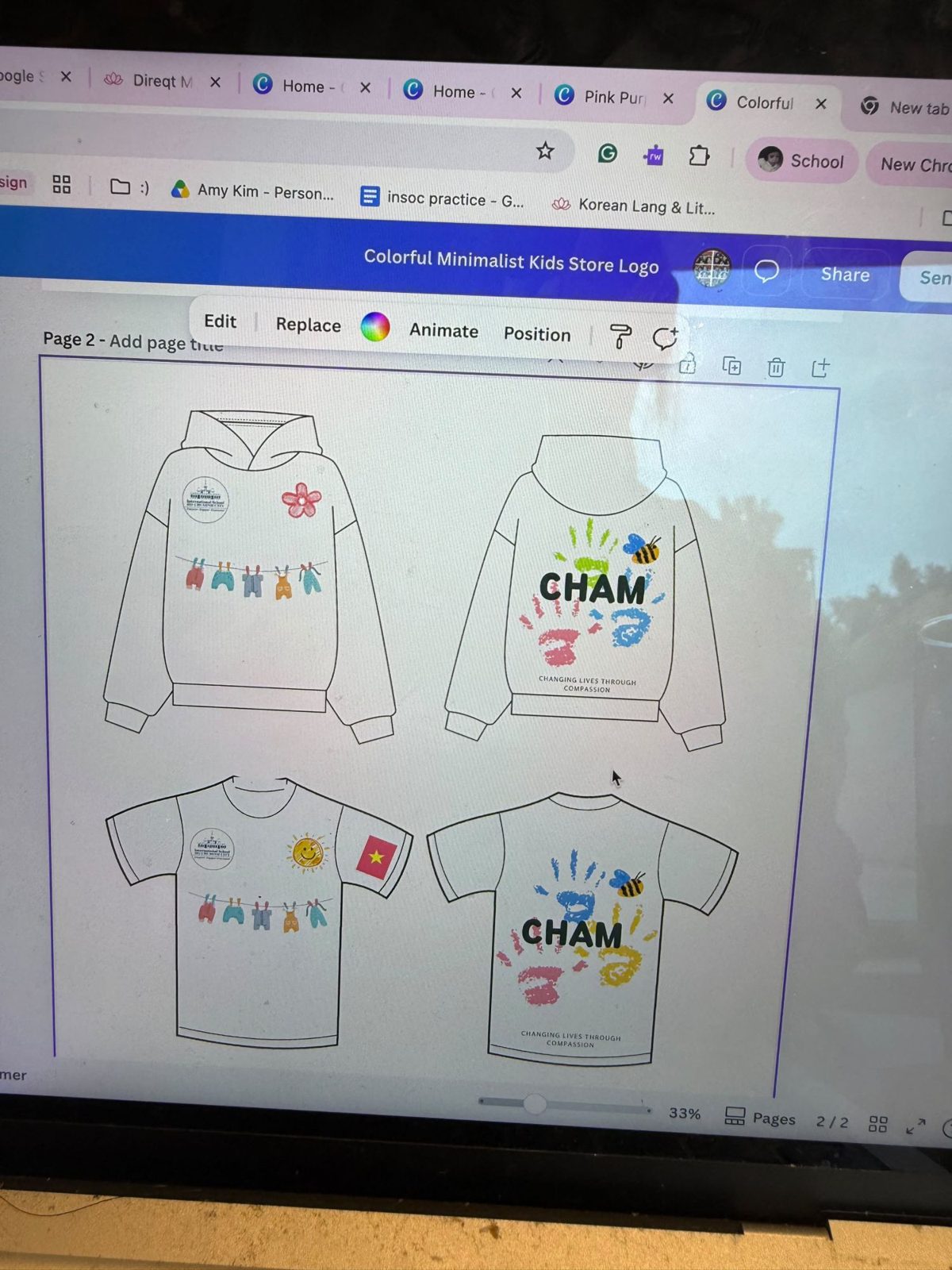 Canva page 2: hoodie and T-shirt, front and back, with clothesline and handprint CHAM design
