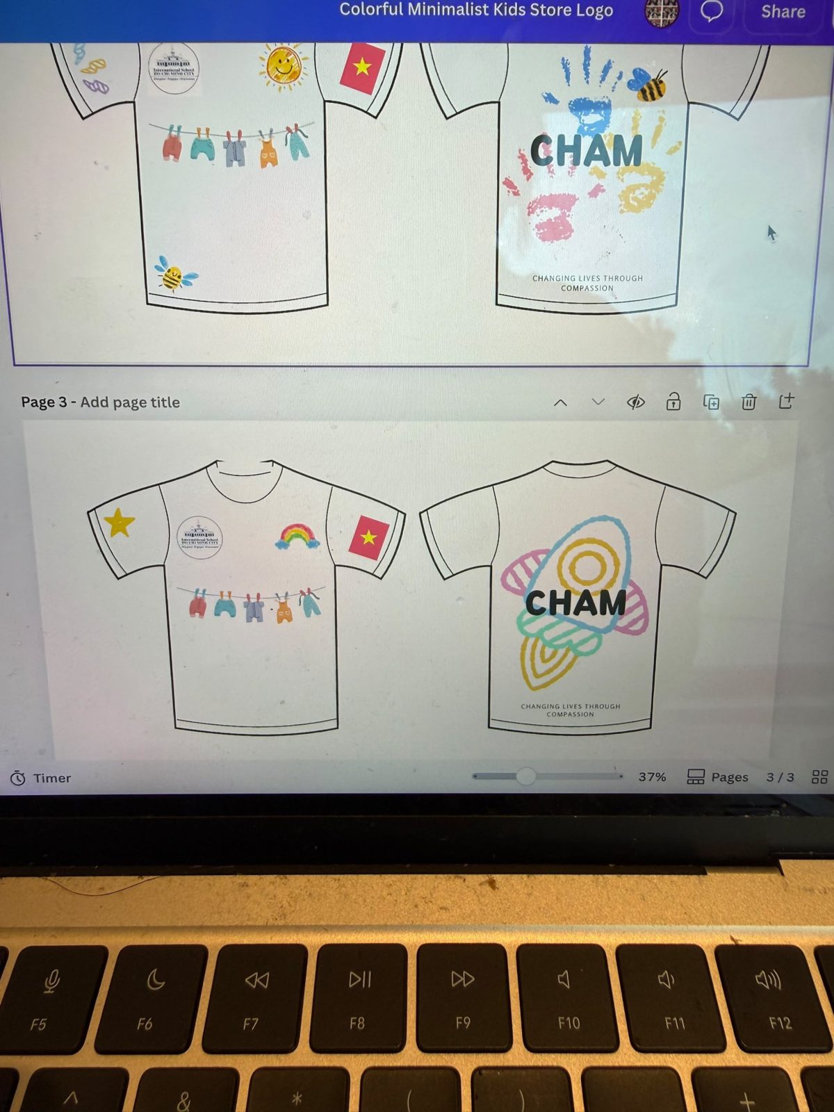 Canva page 3: two T-shirt variants, handprints and a rainbow rocket back print
