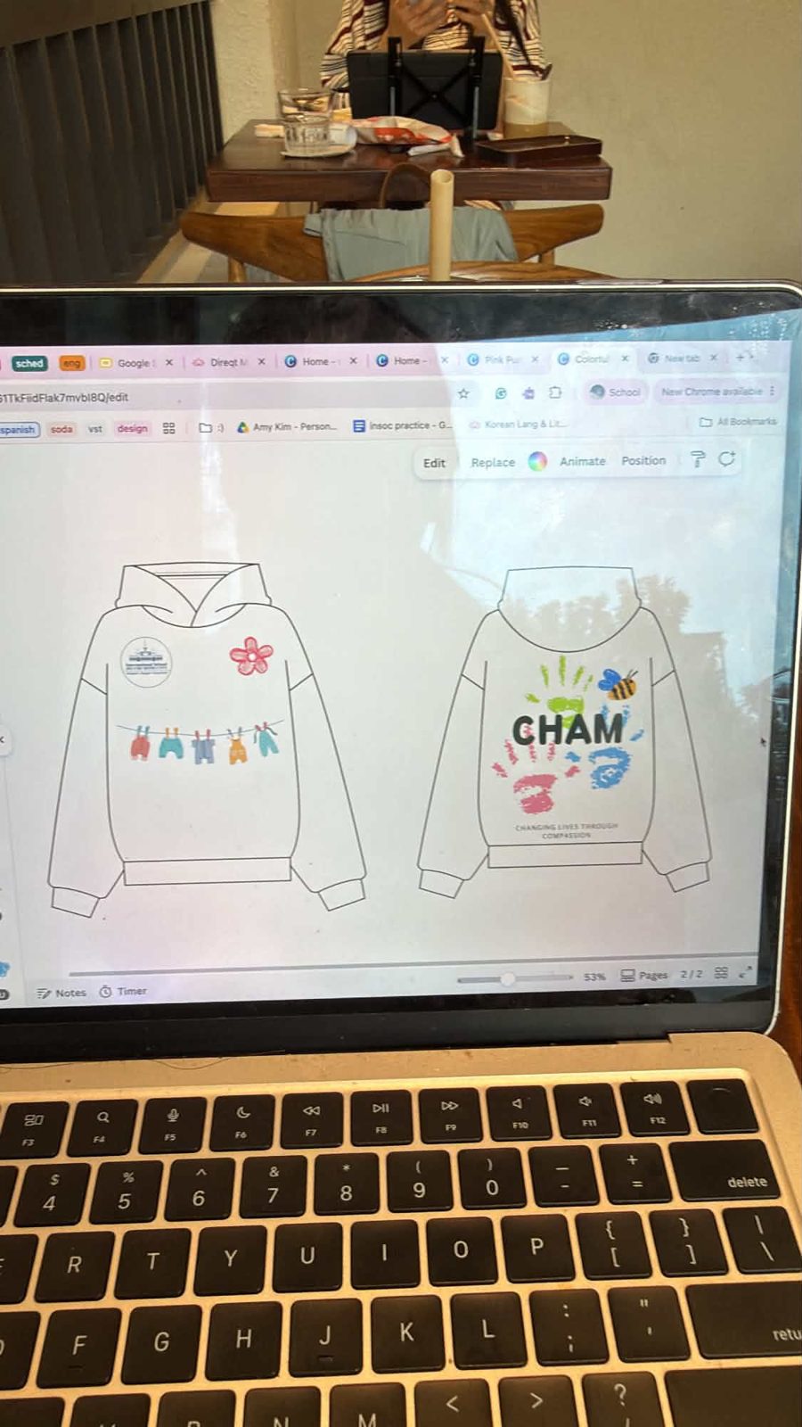 Hoodie front and back with clothesline front and handprint CHAM back
