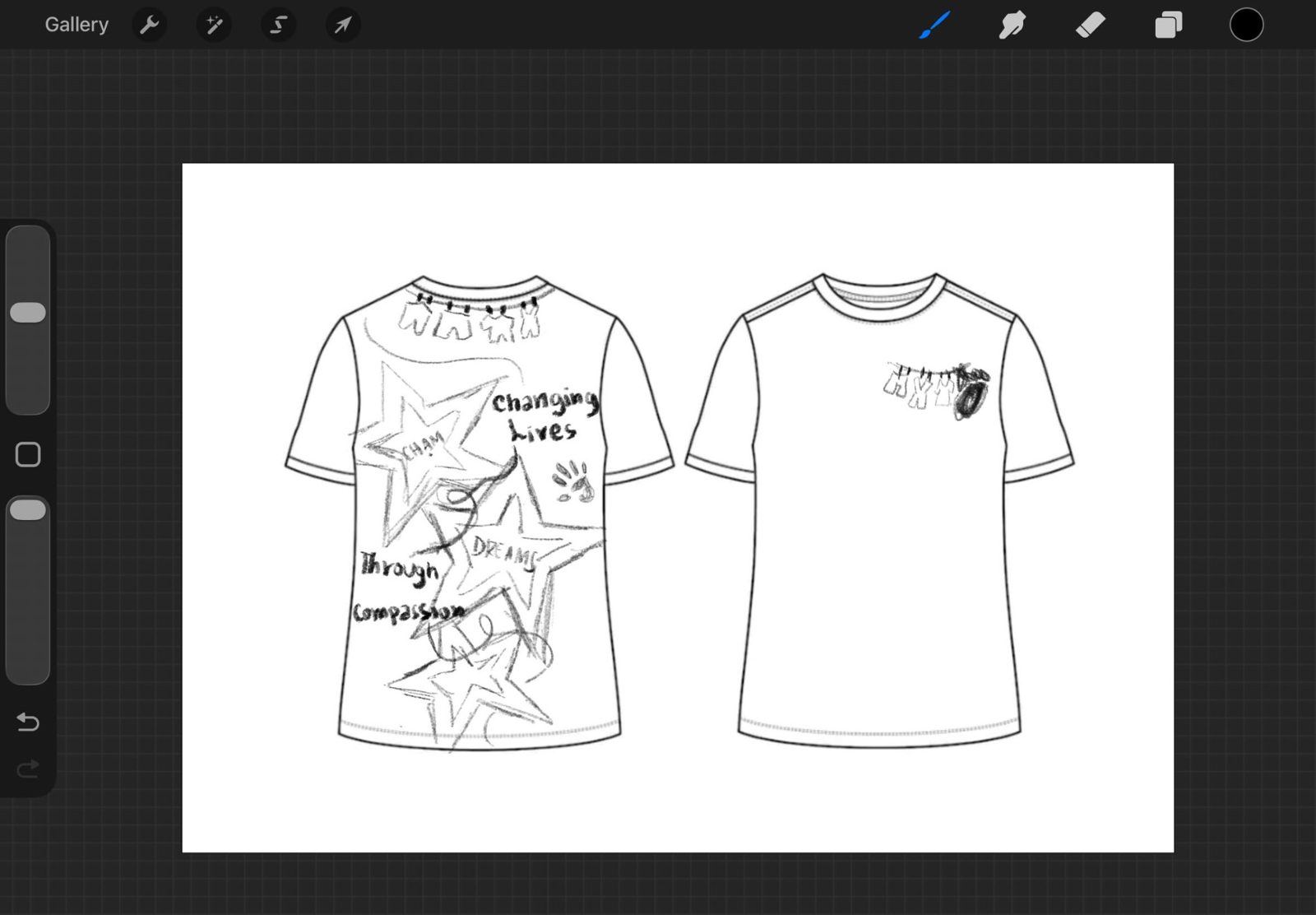 Pencil sketch of T-shirt back with stars and lettering, front with small clothesline