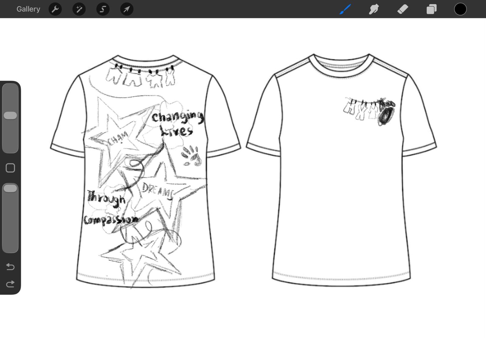 Refined sketch with cloud shapes behind the lettering