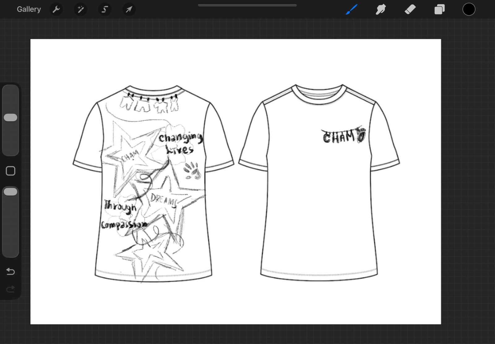 Sketch with CHAM lettering hanging from a clothesline on the front chest